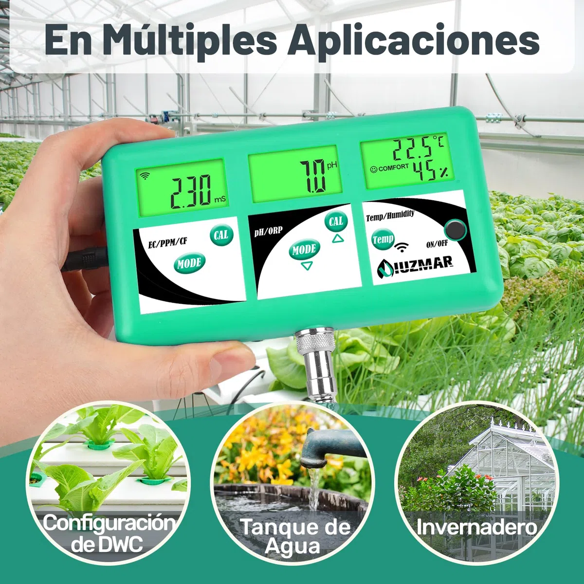 UIUZMAR Monitor de pH EC TDS Hidroponía, WiFi Controla el pH EC PPM 500 PPM 700 CF Temp y Humedad del Aire de Solución Nutritiva Hidropónica, 7 en 1 Probador de Conductividad y pH