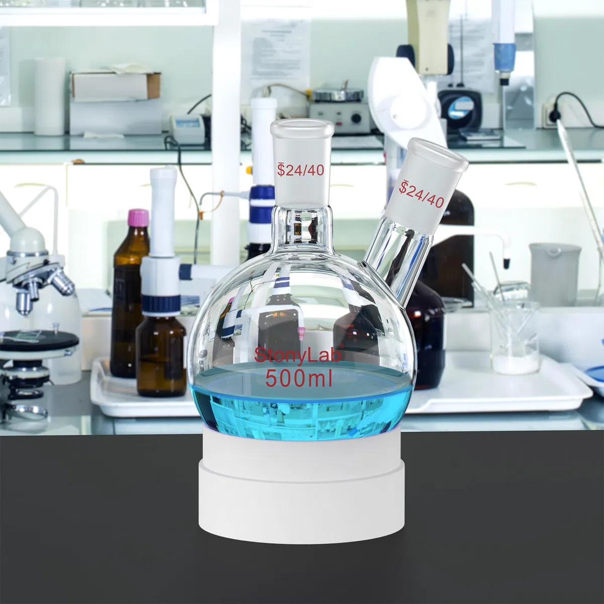 stonylab Dos-Cuello Balones de Destilación Redondo Frasco de Fondo de Borosilicato Vidrio RBF, con 24/40 Centro y Lado Cónicos Estándar Externo Joint, Round Bottom Lab Flask Boiling Flask, 500ml