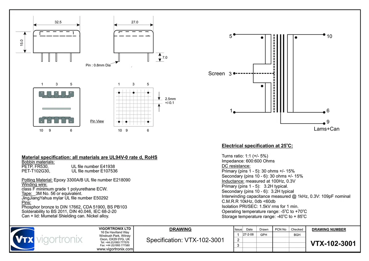 Relación de transformador de audio de baja impedancia 1: 1, 600 Ohm, VTX-102-3001
