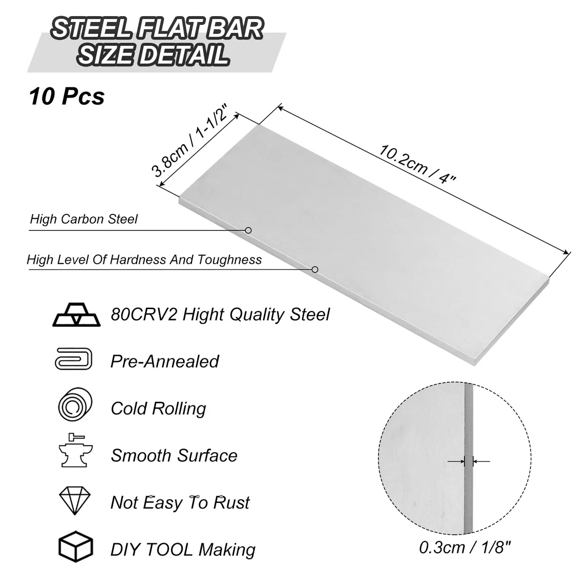PATIKIL 10 Piezas 80Crv2 Acero para Fabricación de Cuchillos 4" x 1-1/2" x 1/8" Acero Recocido Laminado en Frío para Hoja de Metal en Blanco Uso Profesional Y para Aficionados