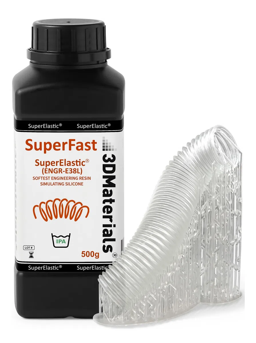 SuperElastic tiene suavidad equilibrada con resistencia (Shore 60A) que simula para prototipos similares a silicona suave, fabricado en Corea por 3DMaterials (500g)