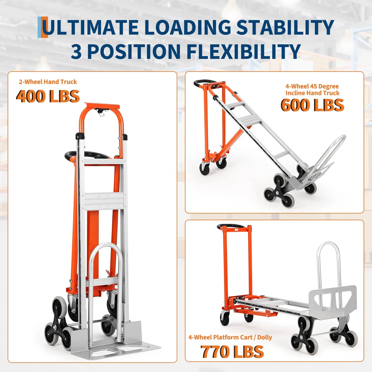 Carretilla Plegable 3 en 1, Carretilla con Ruedas para Subir Escaleras Resistentes a Pinchazos, Capacidad de Carga de 340 Kg, Material de Aleación de Aluminio, Correas Elásticas