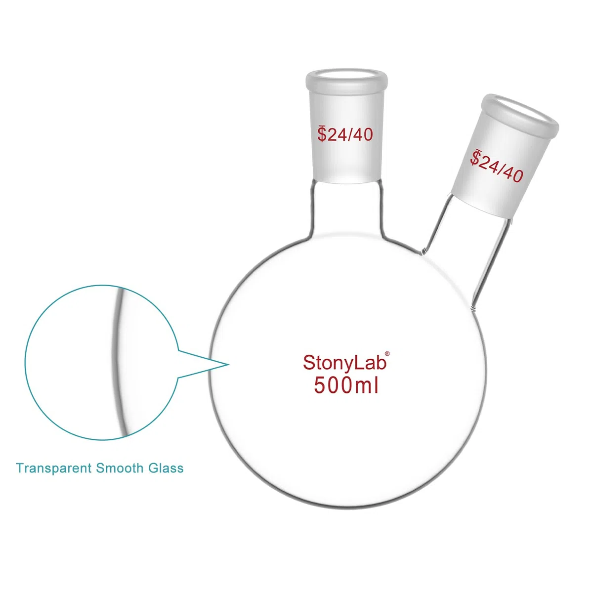 stonylab Dos-Cuello Balones de Destilación Redondo Frasco de Fondo de Borosilicato Vidrio RBF, con 24/40 Centro y Lado Cónicos Estándar Externo Joint, Round Bottom Lab Flask Boiling Flask, 500ml