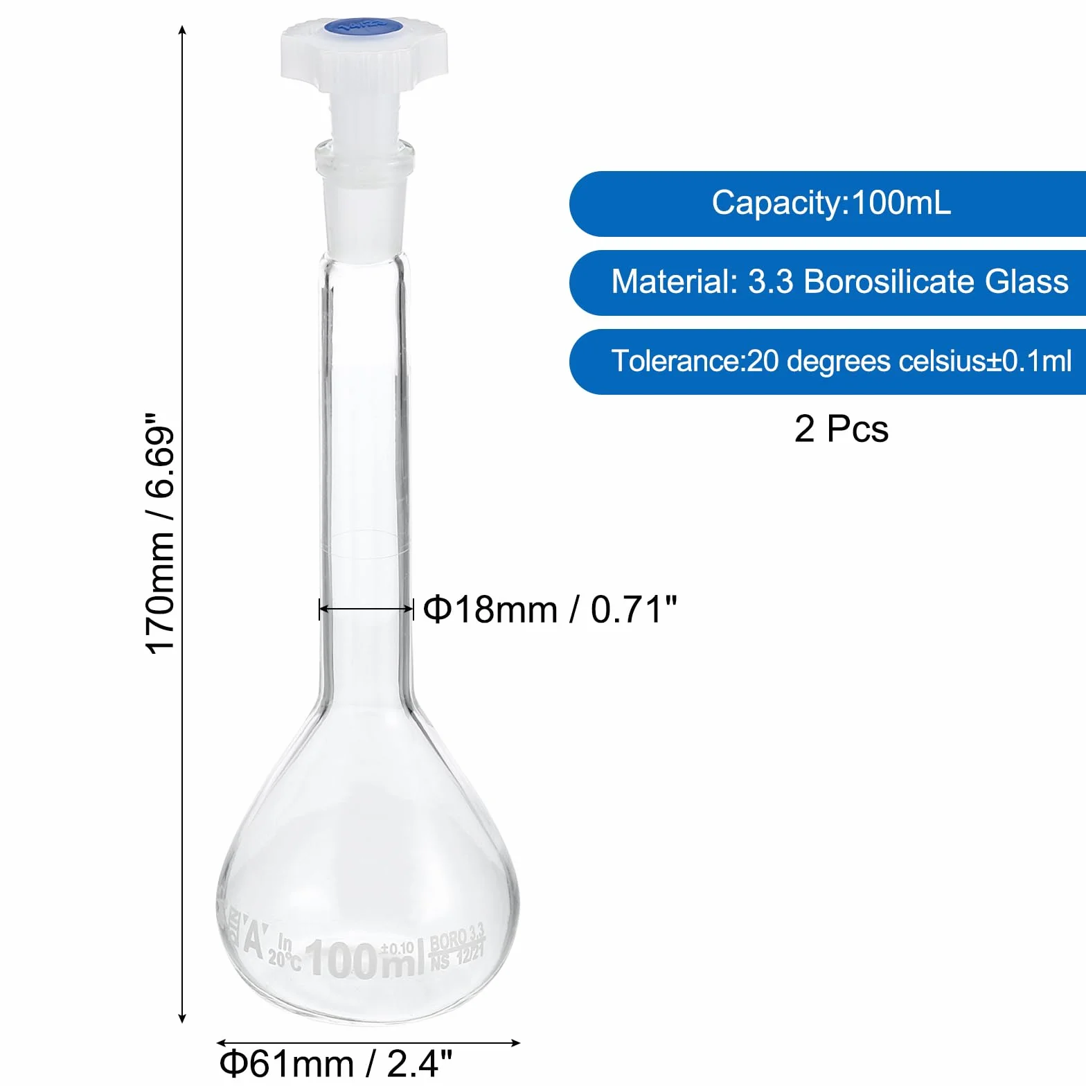 PATIKIL Aforado Matraz 100ml 2uds 3,3 Borosilicato Vidrio Graduado Medidor con Tapón Tolerancia 0,1ml Laboratorio