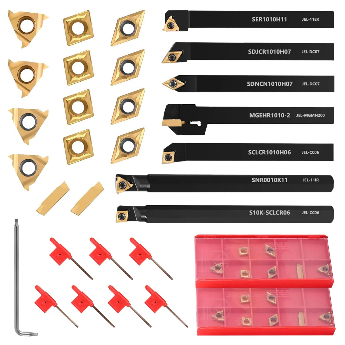 28 Piezas Herramienta de Torneado de 8 mm, Juego de Herramientas de Torno de Torneado, con 7 Barras de Mandrinar, 14 Insertos de Carburo, Apto para Ranurado, Roscado en Tornos Metal y Mini Tornos