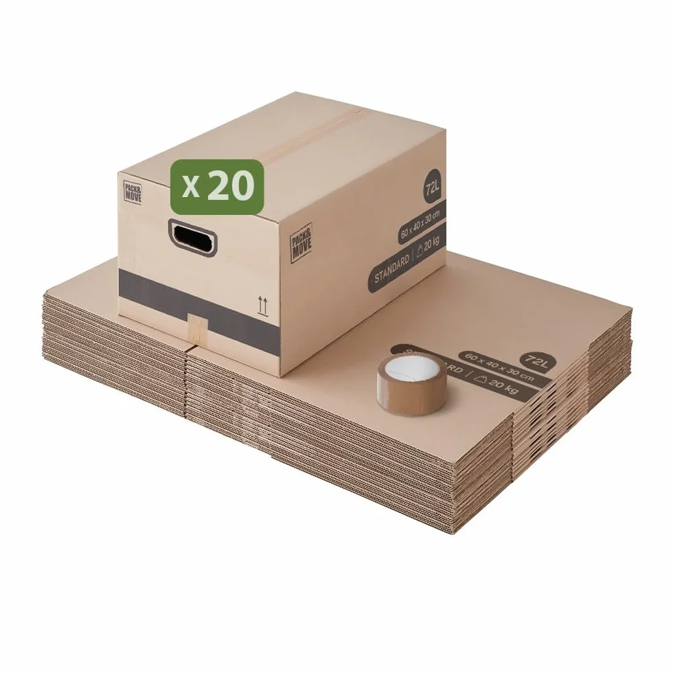 Pack de cajas de cartón para mudanza 72L - 60x40x30cm - certificados FSC 70% - Charge max 20KG - Pack and Move (20)