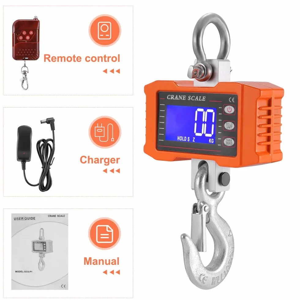 Industrial Pesado Escala Colgante 1000kg para Trabajo Pesado Báscula de grúa Digital con Mando a Distancia Recargable Báscula Colgante electrónica de Alta precisión de 1T