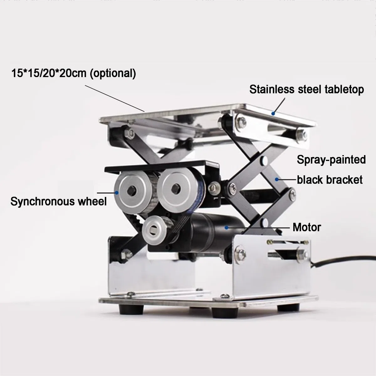 Plataforma elevadora eléctrica con mando a distancia, capacidad de carga de 10 kg, velocidad de elevación de 60 segundos, ideal para laboratorios escolares y producción, diseño compacto de 20 x 20 cm