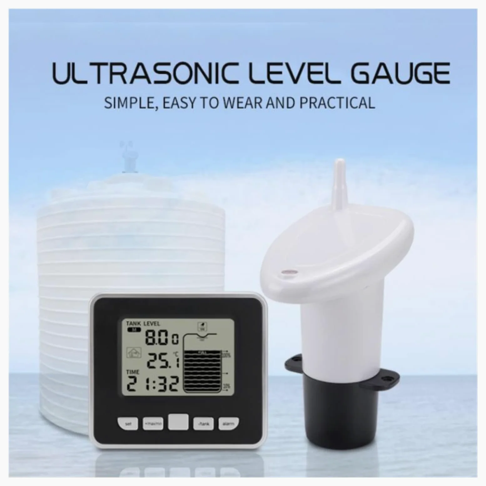 Medidor de Gasoil Deposito, Transmisor de sensor inalámbrico Medidor de nivel de agua interior Tanque de agua multifunción ultrasónico Medidor de nivel de profundidad de líquido,para vehículos recrea